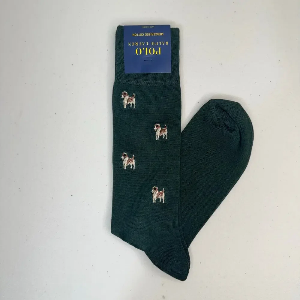 Polo Ralph Lauren Green Dress Socks Embroidered Hunting Dog Pattern Cotton Blend